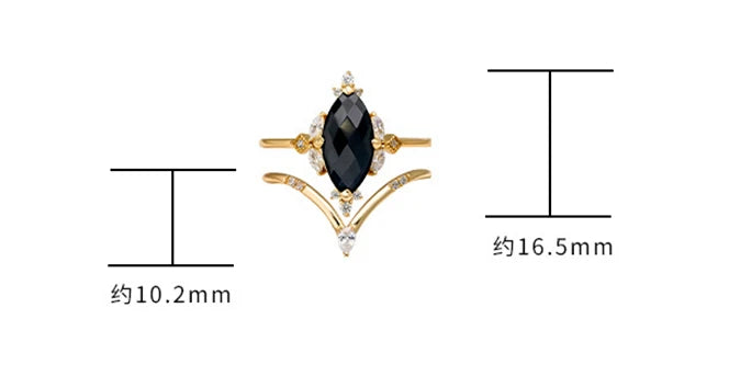 Emotional  925 Sterling Silver 14K Gold Plated Gem Stone Gemstone Zicon Black Agate Carnelian Onyx V Shaped Gem Stone Ring Set