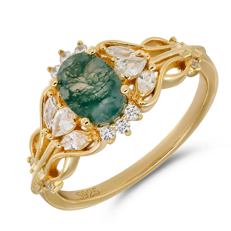 Emotional Factory 925 Sterling Silver 14K Gold Plated Gemstone Cz Zircon Natural Stone Moss Agate Ring