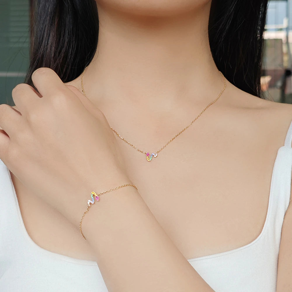 Emotional Factory 925 Sterling Silver 14K Gold Plated Gemstone Rainbow Stone Small Cute Snake Zircon Necklace