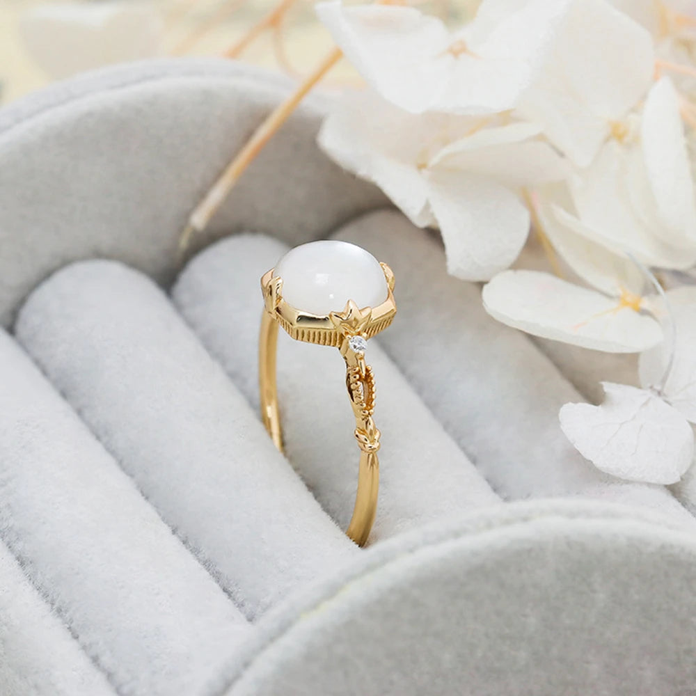 Emotional Factory 925 Sterling Silver 14K Gold Plated Gem Stone Gemstone Elegant Geometric Square Rock Crystal Seashell Ring