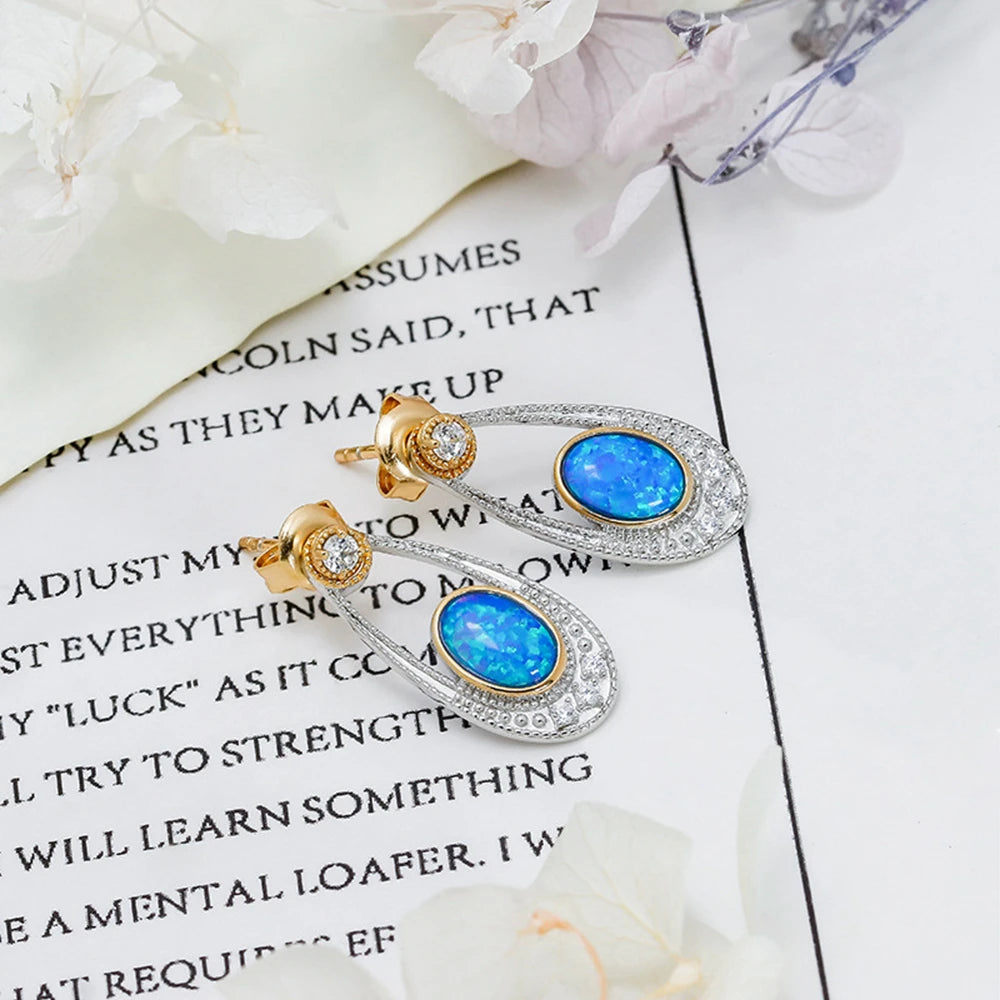925 Sterling Silver 14K Gold Plated Gem Stone Retro Hollow Vintage British Style Artificial Opal Combination Stud Earrings