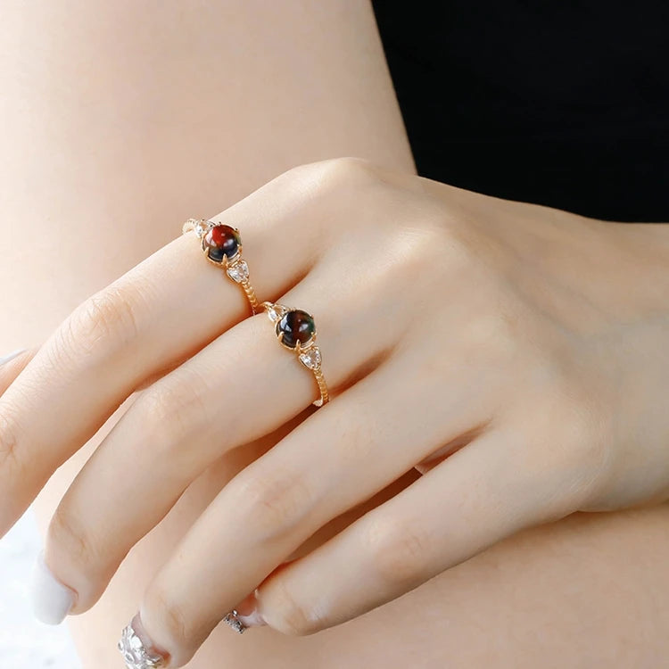 925 Sterling Silver 14K Gold Plated Gemstone Vintage Geometric Triangular Circles Rock Crystal Variegated Stone Ring