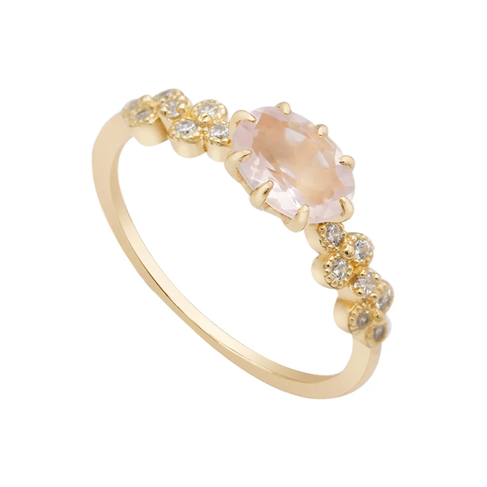Emotional Factory 925 Sterling Silver 14K Gold Plated Gemstone Series Zircon Rose Quartz Natural Pink Crystal Ring