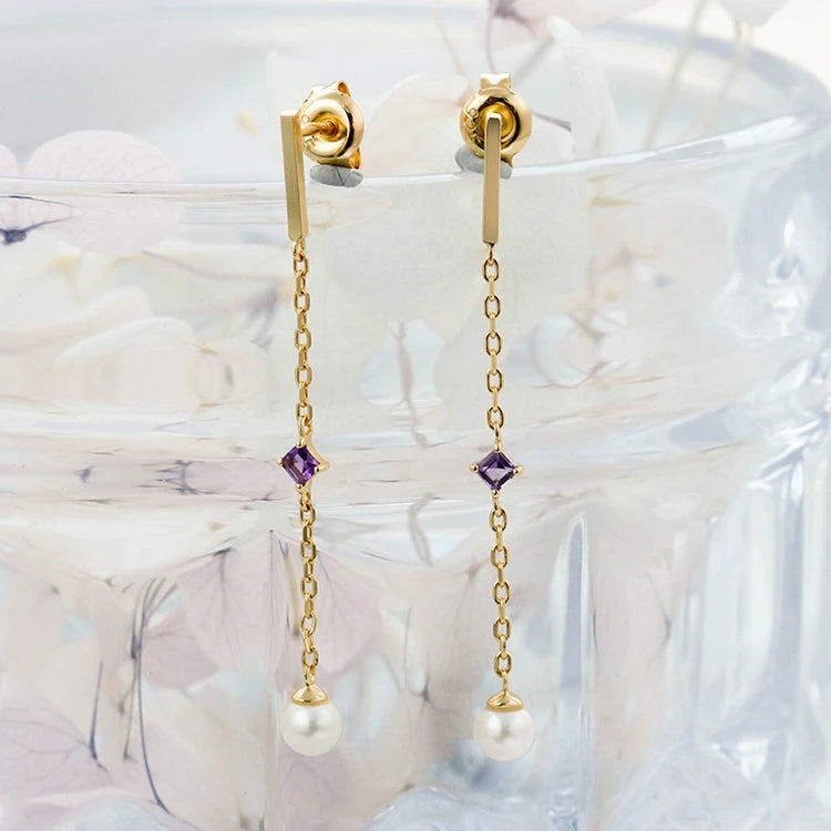 Emotional Factory 925 Sterling Silver 14K Gold Plated Gemstone Pearl Amethyst Tassels Stud Earrings