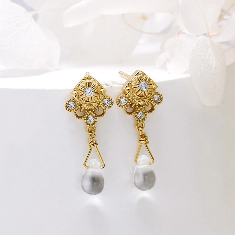 925 Sterling Silver 14K Gold Plated Gem Stone Gemstone Cz Zircon Ring Vintage Elegant Fan Czech Beads Stud Earrings