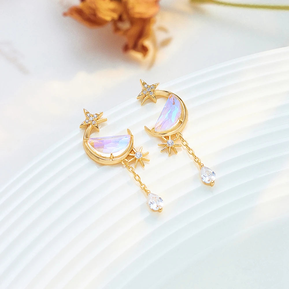 Round Quartz Semi Circle Star Hollow Earrings