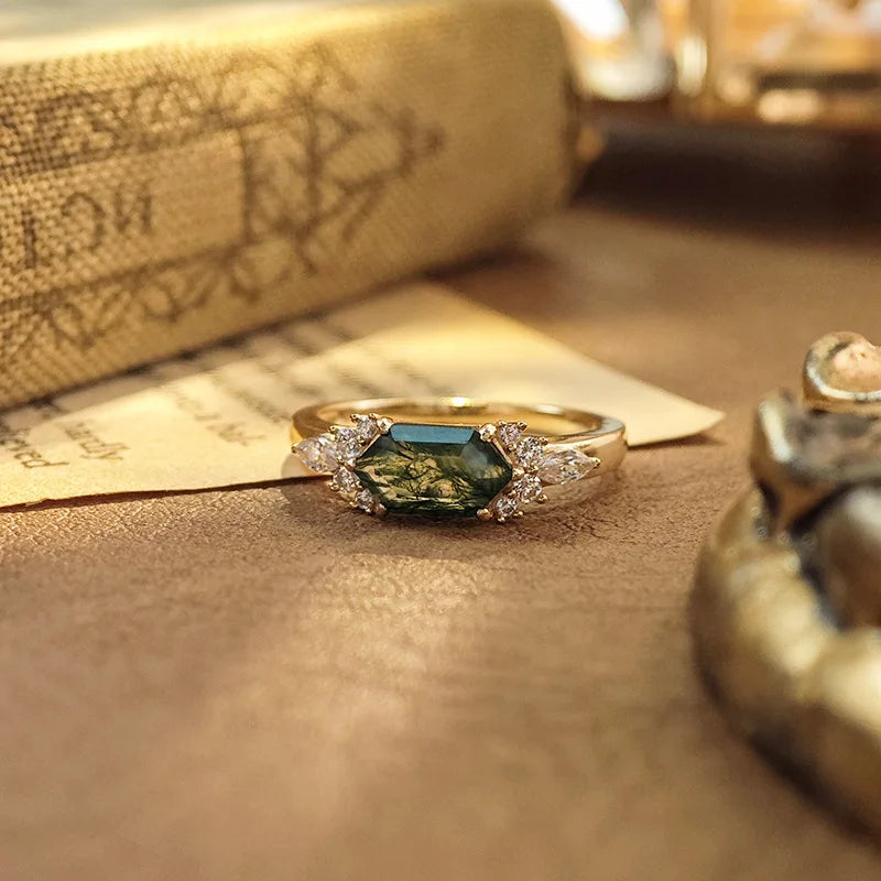 Emotional Anel De Casal Factory 925 Sterling Silver 14K Gold Plated Gemstone Cz Zircon Geometric Hexagon Moss Agate Ring