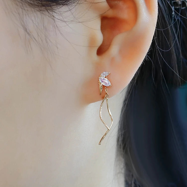 Emotional Factory 925 Sterling Silver 14K Gold Plated Gemstone Zircon Line Leaves Synthetic Opal Earrings