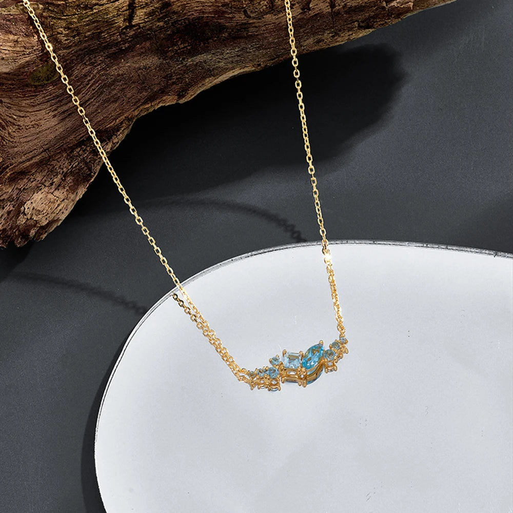 Emotional Factory Jewelry 925 Sterling Silver 14K Gold Plated Gemstone Series Blue Topaz Square Round Geometry Necklace