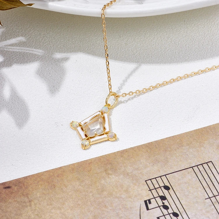Emotional Factory 925 Sterling Silver 14K Gold Plated Gemstone Rock Crystal Opal Diamond Shaped Pendant