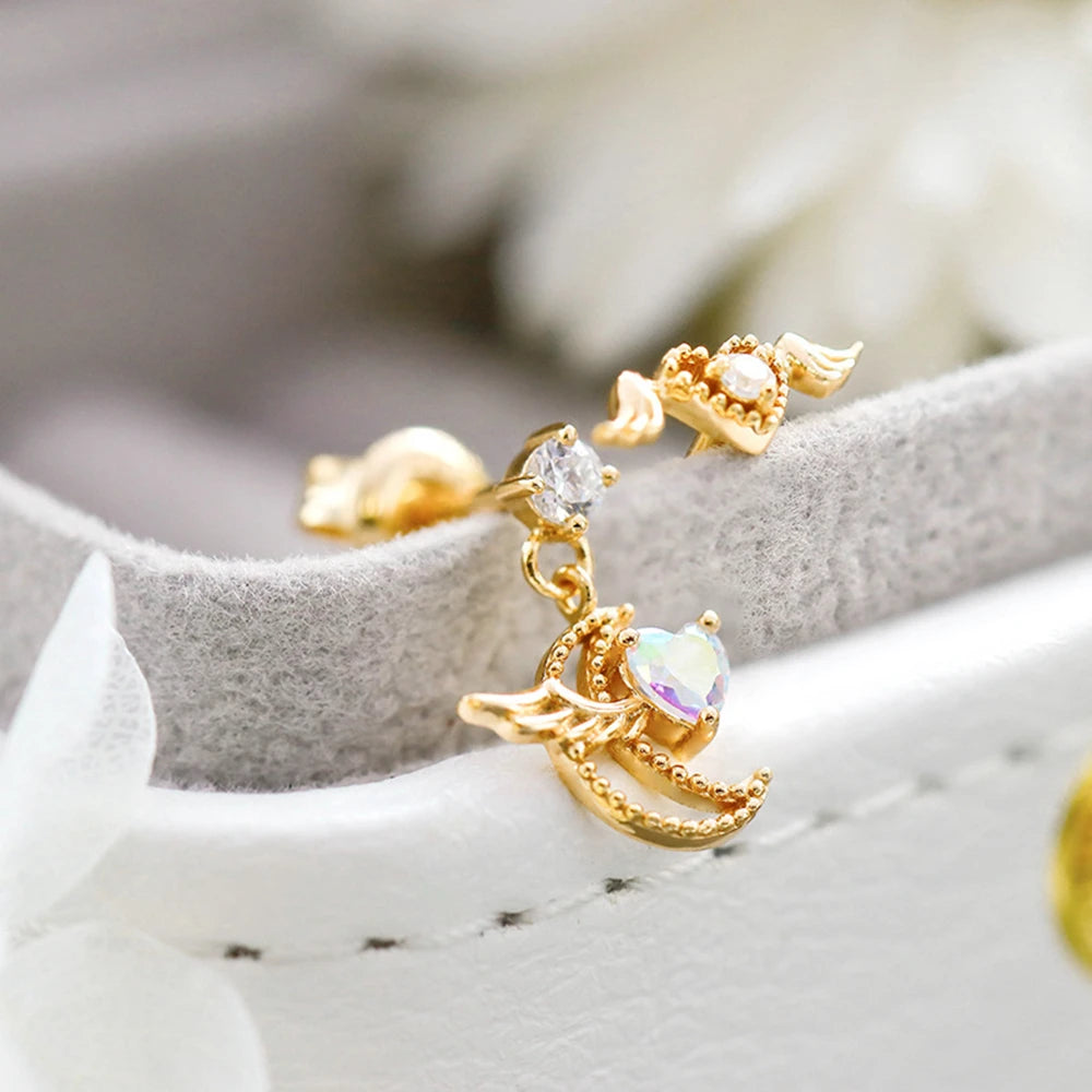 Emotional 925 Sterling Silver 14K Gold Plated Gem Stone Gemstone Flying Design Ring Moon Heart  Wings Quartz Stud Earrings