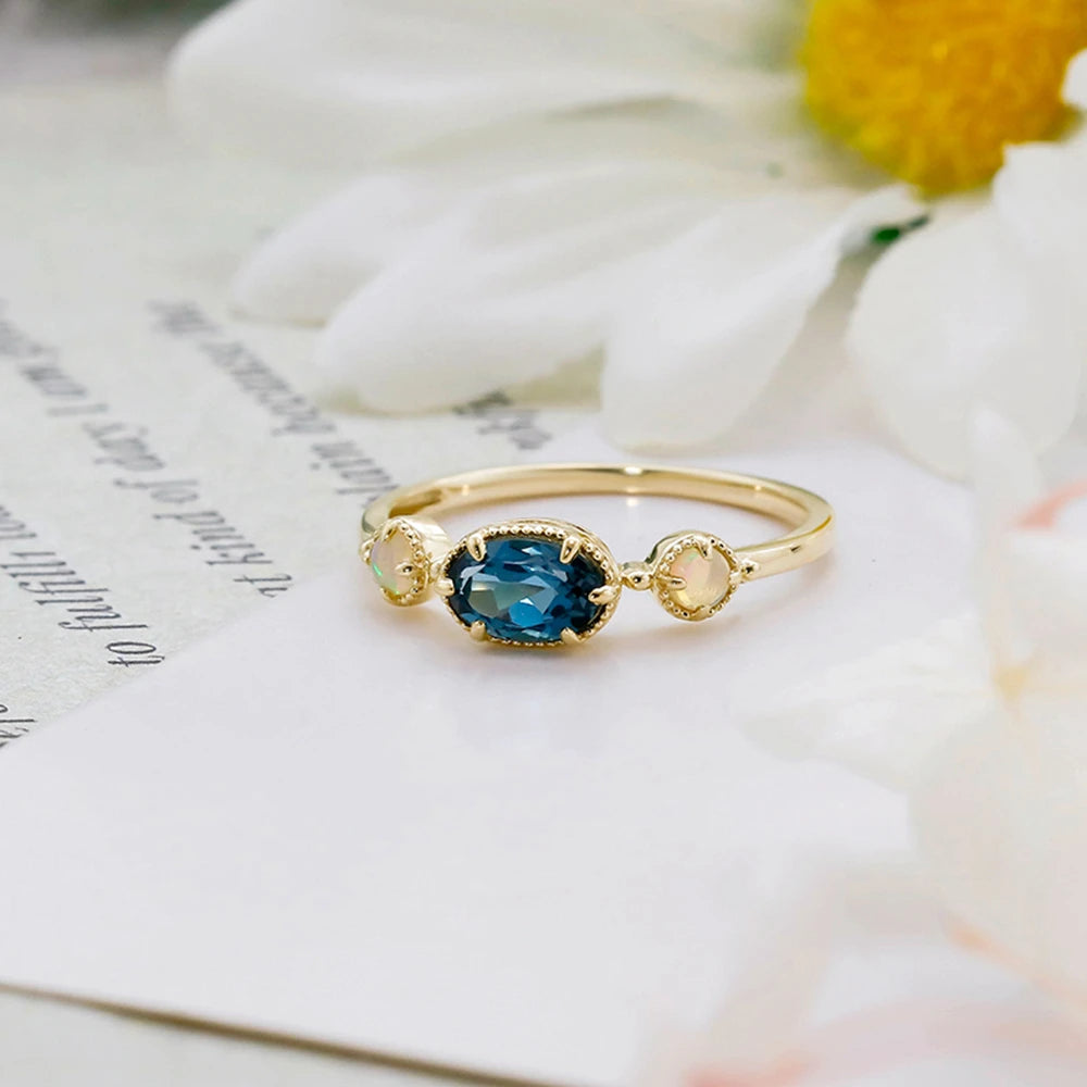 Emotional Factory 925 Sterling Silver 14K Gold Plated Gemstone Series Blue Topaz Paw Set Stone Opal Ring