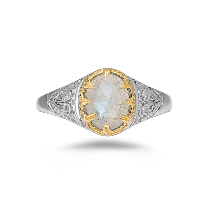 2023 New Fashion Light Luxury Niche Design S925 Silver Plated 14K Gold Electrically Separated Blue Light Labradorite Ring