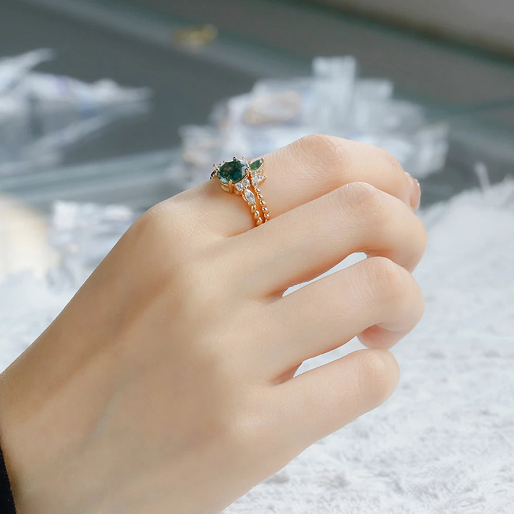 925 Sterling Silver 14K Gold Plated Gemstone Twist Cz Zircon Aqua Agate Two-Piece Gem Stone Ring Set