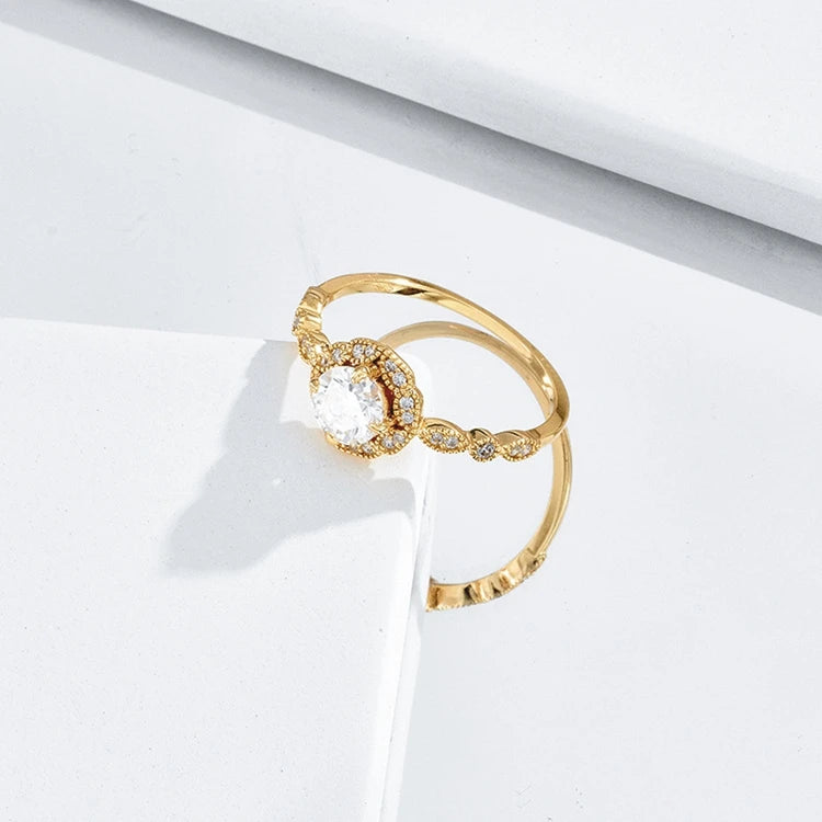 Emotional Factory 925 Sterling Silver 14K Gold Plated Gemstone 5Mm Horse'S Eye Stone Zicon Sparkling Moissanite Ring