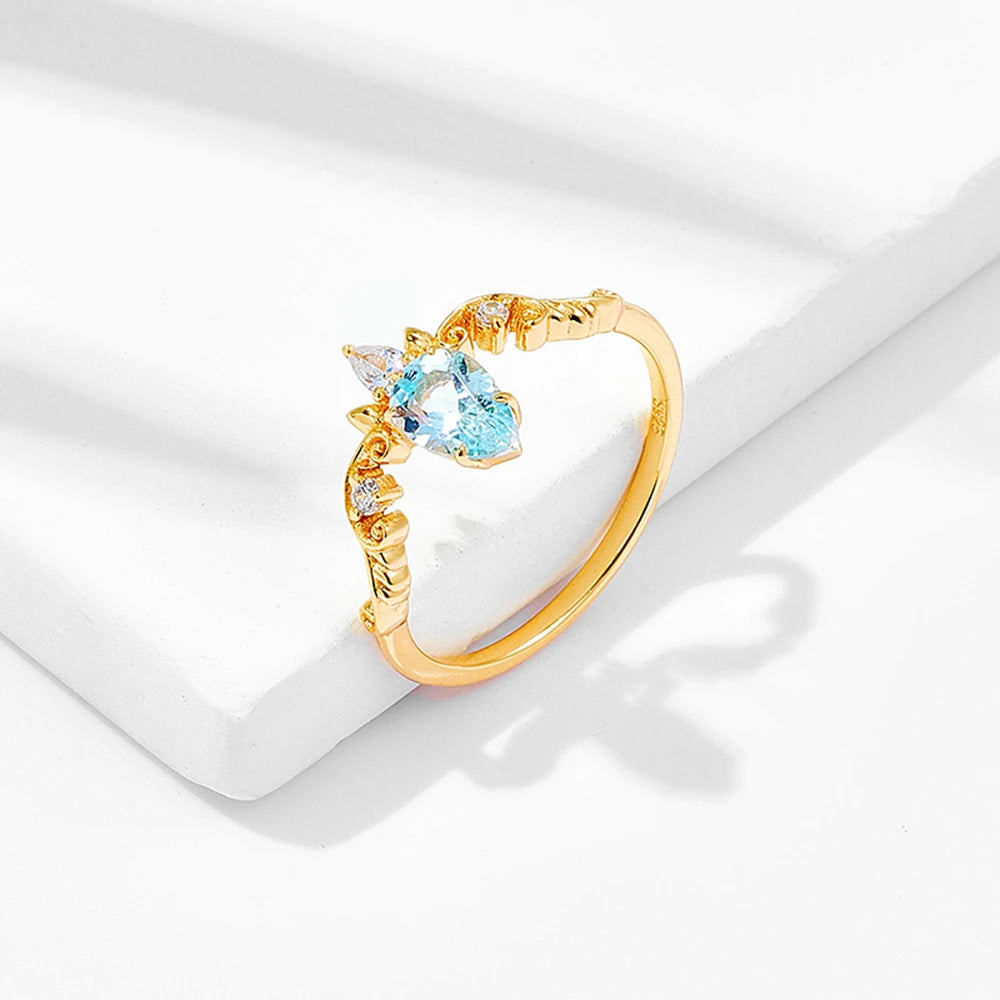 925 Sterling Silver 14K Gold Plated Gemstone Retro  Cz Zircon Crown Design Sky Blue Topaz Ring