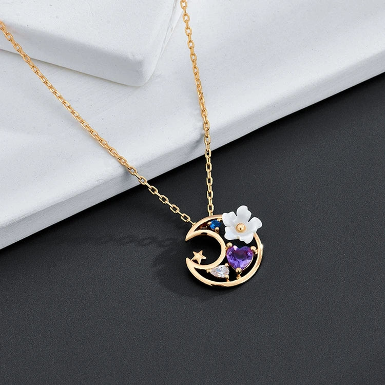 Emotional Factory 925 Sterling Silver 14K Gold Plated Gemstone Amethyst Moon Star White Shell Flower Necklace