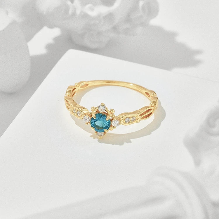 925 Sterling Silver 14K Gold Plated Gemstone Bluebell Design Zircon Flower Bead Natural Blue Topaz Ring