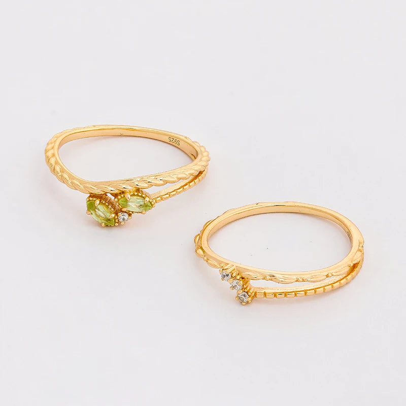 Spring 2024 New Arrival Japanese Simplicity and Niche Wave Curves Design S925 Silver Plated 14k Olivine Set Ring