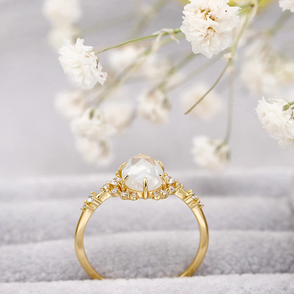 Emotional Factory 925 Sterling Silver 14K Gold Plated Gemstone Series Sugar Rock Crystal White Crystal Zircon Egg Shape Ring