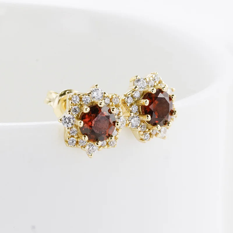 Emotional Factory 925 Sterling Silver 14K Gold Plated Gemstone Cz Zircon Flower Amethyst Garnet Earrings