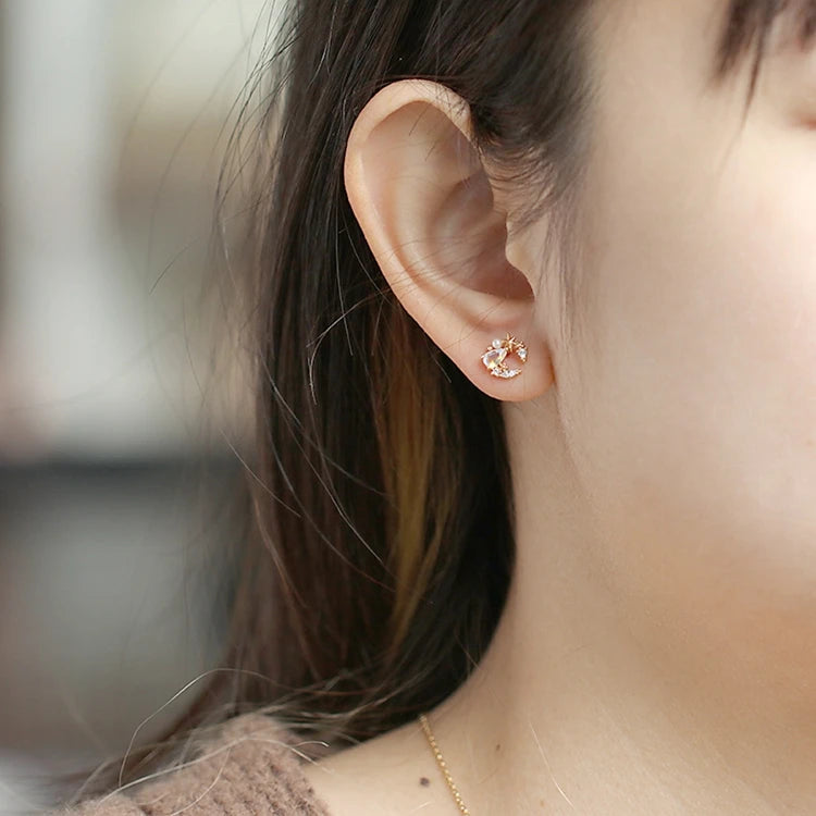 Emotional Factory 925 Sterling Silver 14K Gold Plated Gemstone Blue Quartz Stone Moon Star Earrings