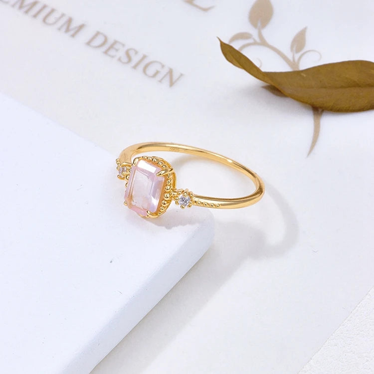 EmotionalEmotional Factory 925 Sterling Silver 14K Gold Plated Gemstone 8Mm Stone Rectangle Pink Crystal Ring
