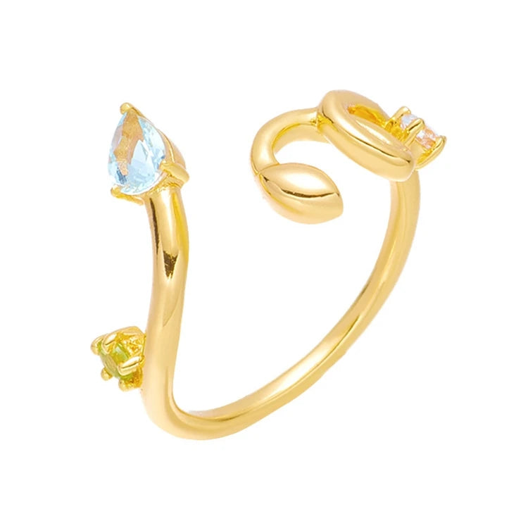 Emotional Factory 925 Sterling Silver 14K Gold Plated Gemstone Minimalist Lines Adjustable Opening Aquamaro Ring