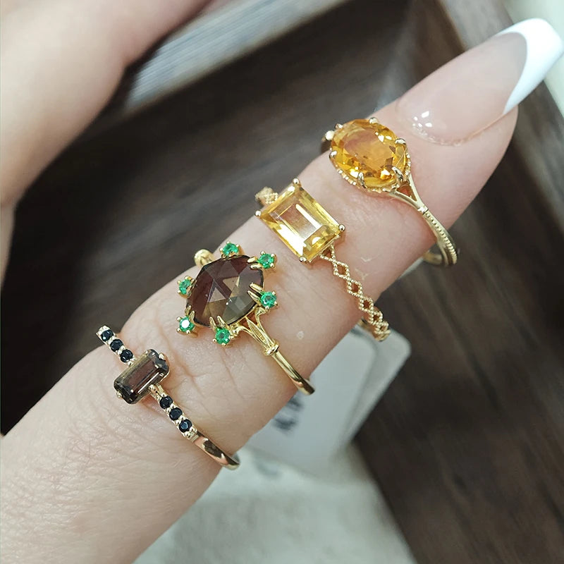 925 Sterling Silver 14K Gold Plated Gemstone Amethyst Topaz Princess Natural Octagonal Cut Tea Crystal Square Citrine Ring