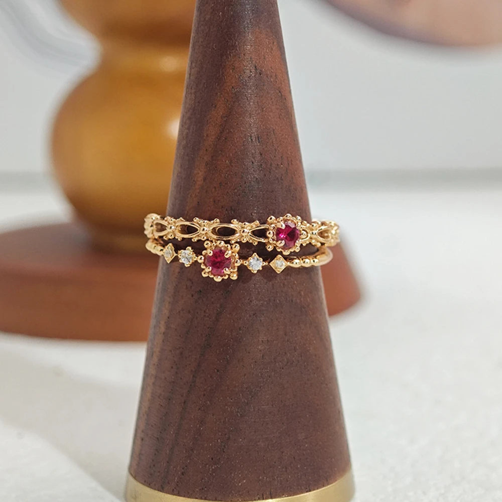 Emotional Factory 925 Sterling Silver 14K Gold Plated Gem Stone Gemstone Cz Zircon Flower Lab-Grown Ruby Ring