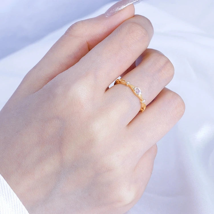 925 Sterling Silver 14K Gold Plated Gemstone Zircon Natural Moonstone Slim Ring