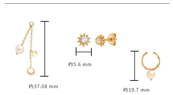 Emotional Factory 925 Sterling Silver 14K Gold Plated Gemstone Tassels Zircon Star Pearl Stud Hoop Earrings Set