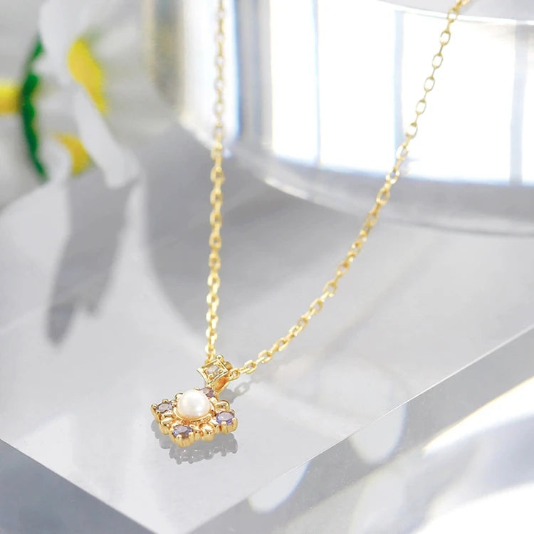 Emotional Factory 925 Sterling Silver 14K Gold Plated Gemstones Flower Rainbow Pearl Tanzanite Stone Necklace