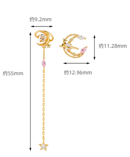 Emotional Factory Jewelry New 925 Sterling Silver 14K Gold Plated Pink Zircon Light Yellow Long Moon Star Earrings