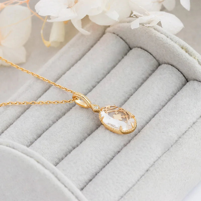 2023 Winter New Product Silver Plated 14K Gold Luxury Flower Bezel Pendant With Natural White Crystal