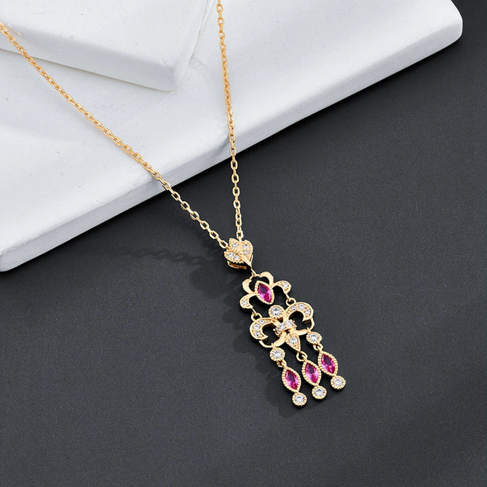 Emotional Factory Jewelry 925 Sterling Silver 14K Gold Plated Gemstone Series Red Corundum White Zircon Tassel Necklace