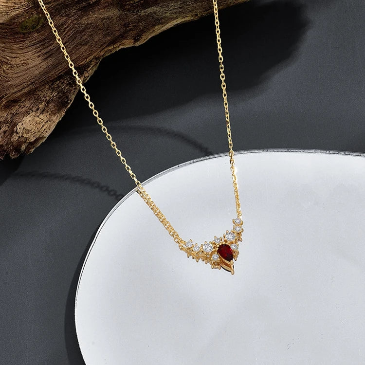 Emotional Factory 925 Sterling Silver 14K Gold Plated Gemstone Red Garnet White Zircon Wing Necklace