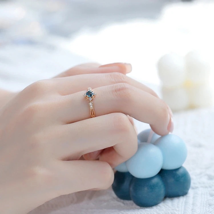 925 Sterling Silver 14K Gold Plated Gemstone Bluebell Design Zircon Flower Bead Natural Blue Topaz Ring