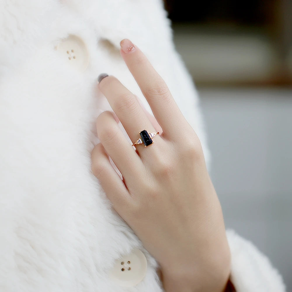 925 Sterling Silver 14K Gold Plated Winter Night Sky Series CZ Zircon Purple Stone Blue Aventurine Gemstone Ring