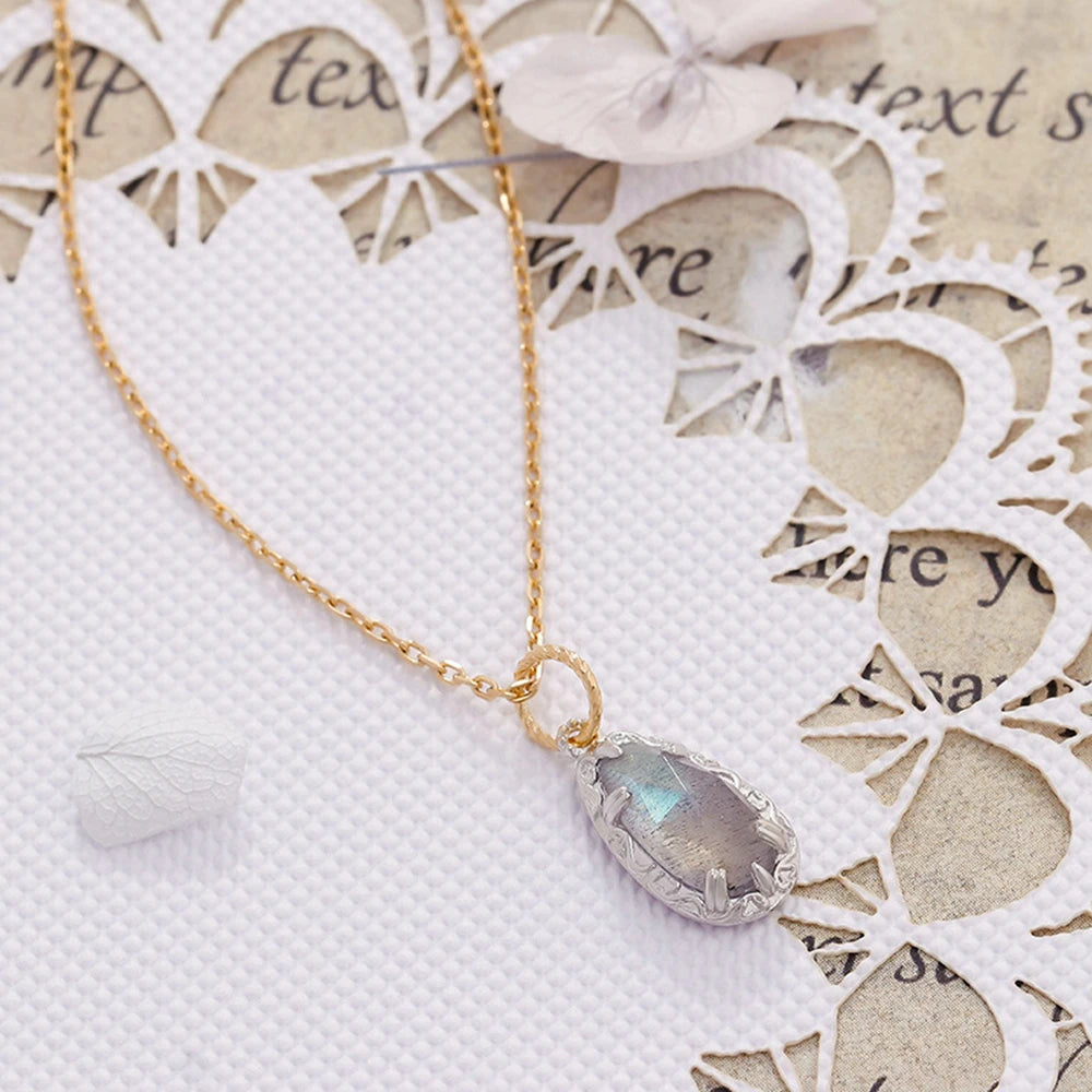 925 Sterling Silver 14K Gold Plated Gem Stone Twisted  Irregular Strip Blue Labradorite Pendant Necklace With Normal Cross Chain