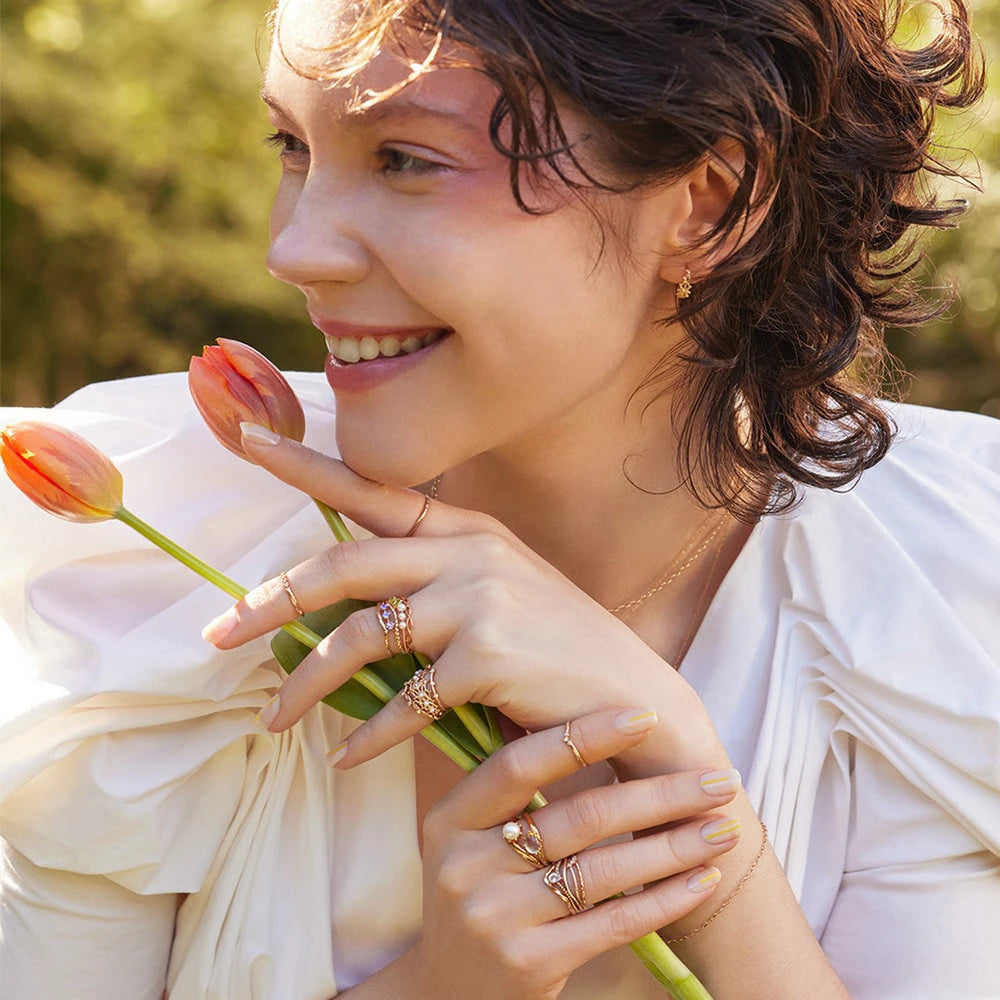 Emotional 925 Sterling Silver 14K Gold Plated Gem Stone Gemstone Retro Hollow Flower Natural Freshwater Pearls Lace Ring