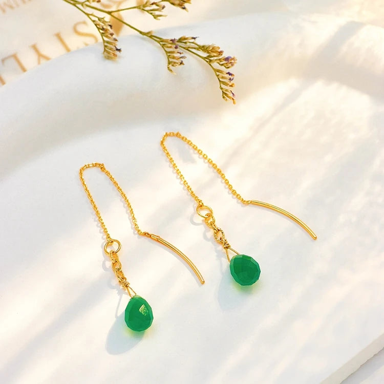 925 Sterling Silver 14K Gold Plated Gemstones Classical Wire Natural Green Chalcedony Vintage Ear Wires Earrings