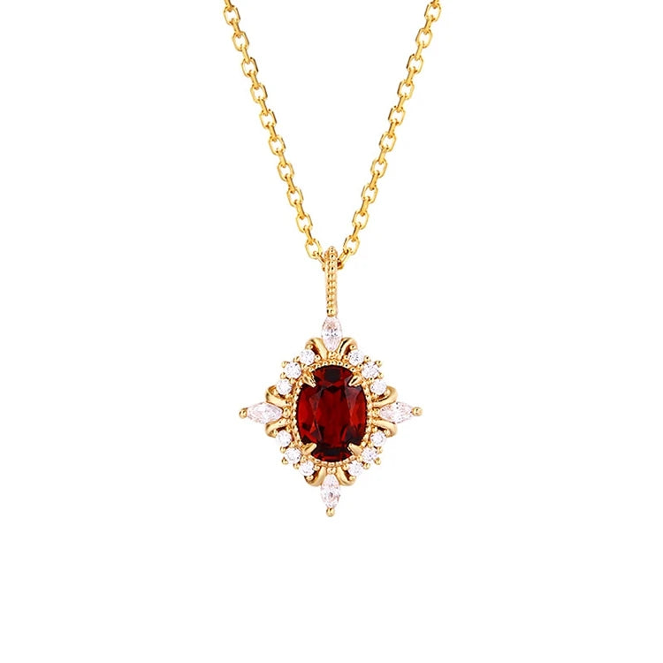 Emotional 925 Sterling Silver 14K Gold Plated Custom Gemstone Cz Zircon Cross Star Flower Red Garnet Necklace With Natural Stone