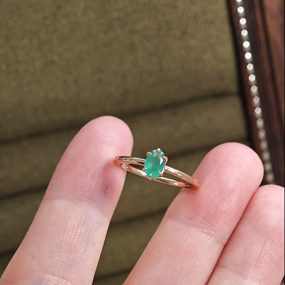 925 Sterling Silver 14K Gold Plated Single Gemstone Egg Shape Vintage Oval Natural Chrysoprase Finger Ring