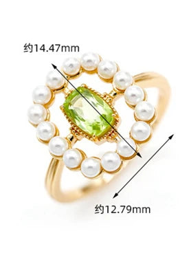 925 Sterling Silver 14K Gold Plated Gemstone Hollow Cross Green Peridot Geometry Pearl Ring