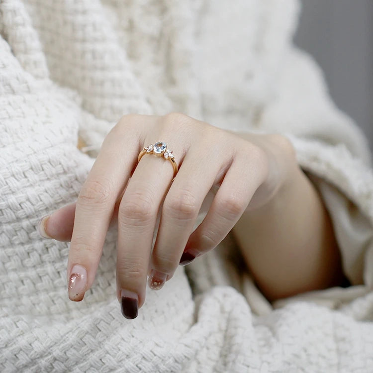 Emotional Factory 925 Sterling Silver 14K Gold Plated Gemstone Zircon Butterfly Shaped Sky Blue Natural Topaz Ring