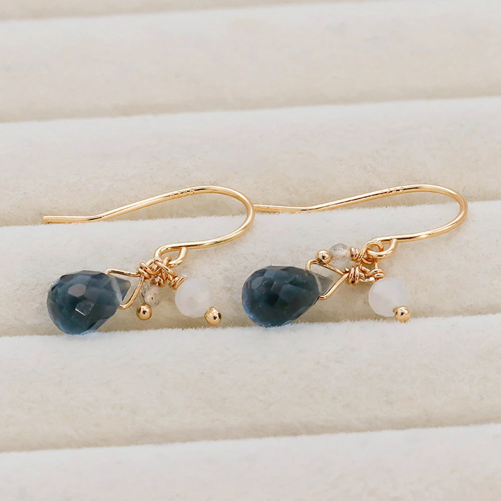 925 Sterling Silver 14K Gold Plated Gemstone Cz Zircon Teardrop Blue Quartz Stone Earrings
