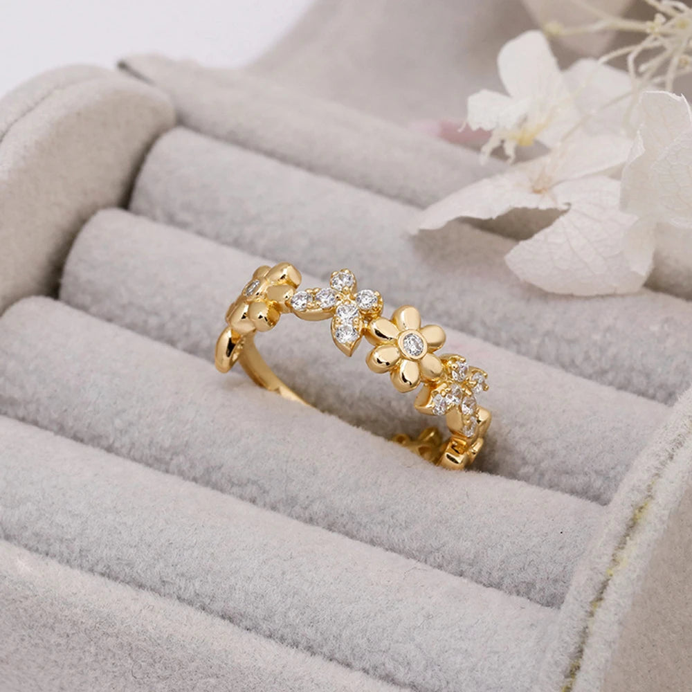 Emotional Factory 925 Sterling Silver 14K Gold Plated Retro Cz Zircon Sweet Cute Flower Design Ring
