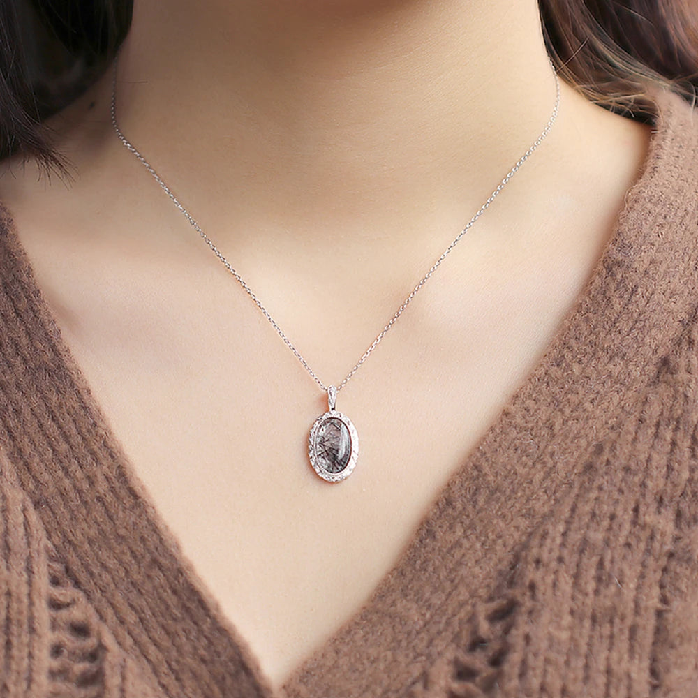 Jewelry 925 Sterling Silver 14K Gold Plated Gemstone Series Retro Transparent Black Hair Rutilated Quartz Shaped Necklace