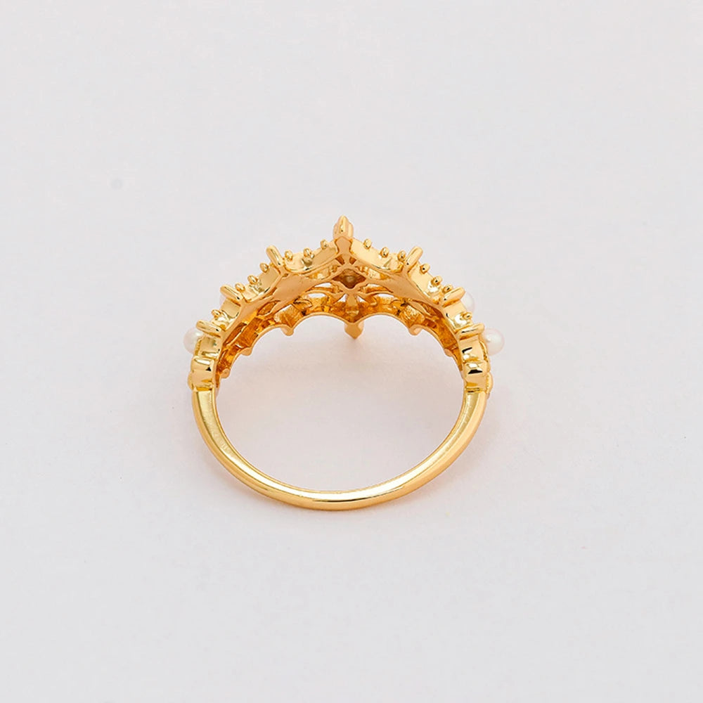 Emotional 925 Sterling Silver 14K Gold Plated Gem Stone Gemstone Retro Hollow Flower Natural Freshwater Pearls Lace Ring